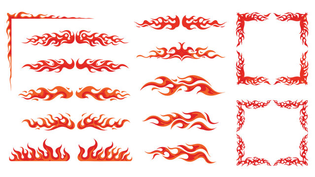 Vibrant collection of orange and red flame graphics includes various border designs, corners, and symmetrical fire shapes for automotive or sports styling.