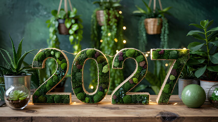 Moss covered numbers 2027 with lights and plants on wooden table