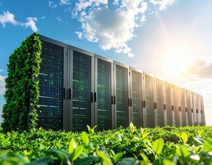 Green computing servers in a lush field under a bright sunny sky symbolizing eco-friendly technology and sustainability