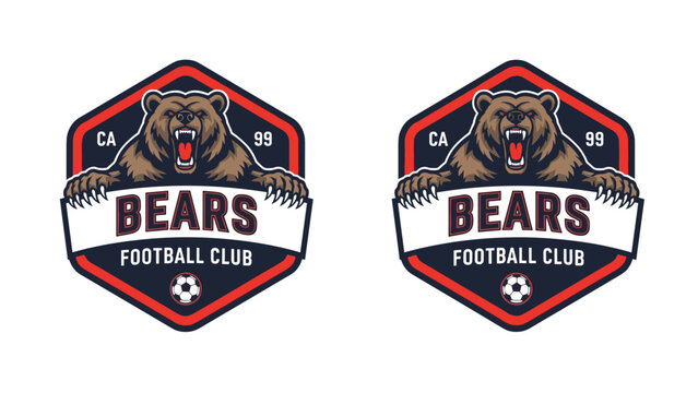 Powerful bears football club logo features a roaring grizzly bear mascot over a shield with a soccer ball and established year text.