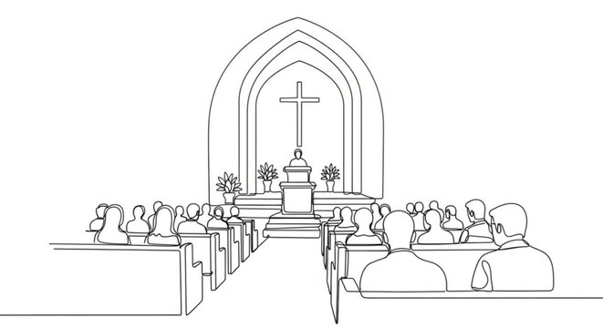 Outline of church service with congregation sitting in pews  