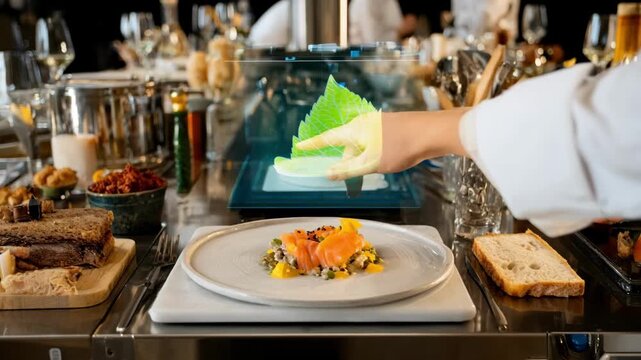 Medium shot capturing an immersive dinner cooking class with a holographic chef demonstrating intricate plating techniques and gourmet meals.