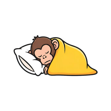Cartoon monkey sleeping peacefully on pillow under yellow blanket