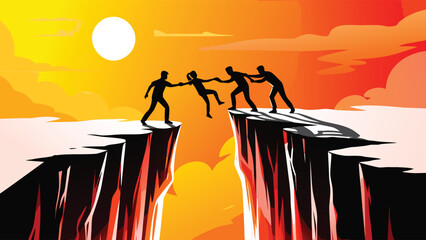 Teamwork Concept Silhouette Helping Hand Crossing Cliff Gap Sunset