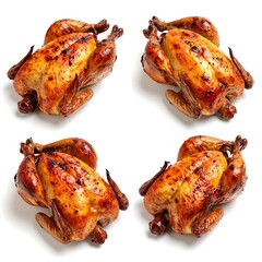 Four Roasted Chickens on White Background - A Culinary Delight.