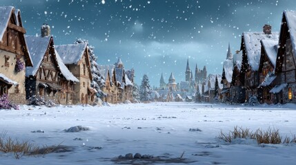 Winter village background with snowy rooftops and falling flakes 2d art