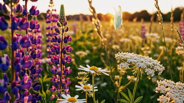 Blooming Meadow at Sunset: A vibrant field of wildflowers, with varying shades and textures, bathed in the warm light of the setting sun, where a lone butterfly flits delicately by.