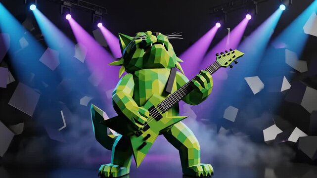Rock Star Cat on Stage: A vibrant, green geometric cat takes center stage, shredding on a guitar amidst a dynamic stage setup, exuding rock and roll energy. 