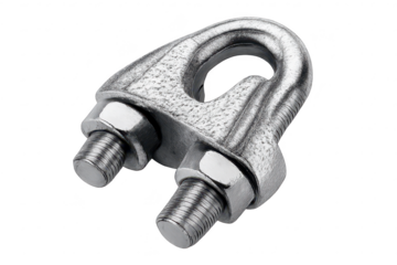 Wire rope clip fastener, metal, and on a transparent background view.