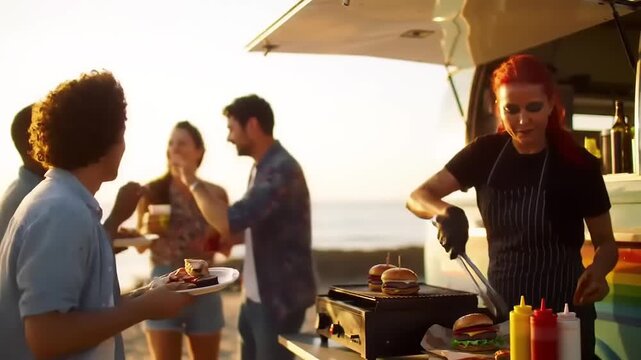 Friends enjoying a summer evening with burgers from a food truck by the beach.