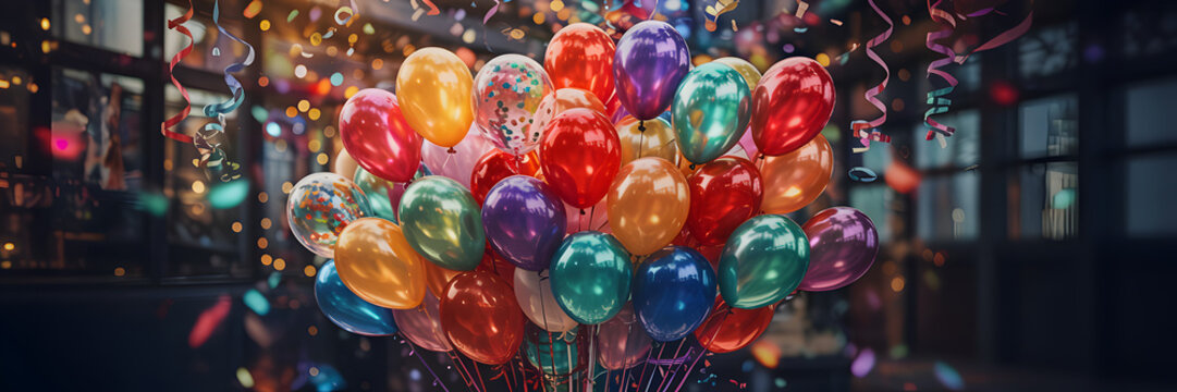 Colorful balloons and streamers in a festive indoor setting isolated on a transparent background