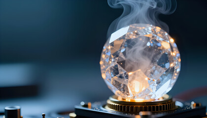 Futuristic glowing crystal energy core on high-tech mechanical platform