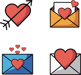 Love Message and Valentine Email Icons Set with Heart Symbols