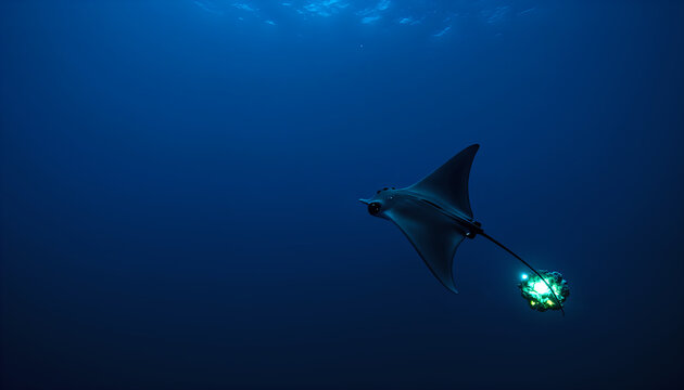 Manta Ray Swimming in Deep Ocean with Glowing Tail Illustration