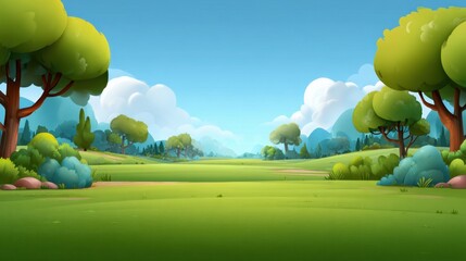 Kid-friendly park meadow 2d background with rolling hills and trees