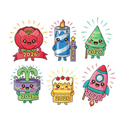 Colorful cartoon characters celebrate 2026 with festive symbols and foods.