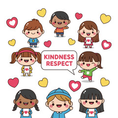 Illustration of diverse children spreading kindness and respect with hearts