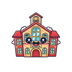 An illustration shows a smiling school building with a bell tower outside.