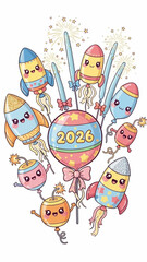 Colorful rockets and fireworks celebrate 2026 with joyful cartoon characters flying high