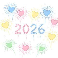 Colorful heart-shaped fireworks explode around 2020 celebration graphic