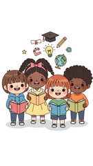 Four children reading books with educational icons floating above their heads