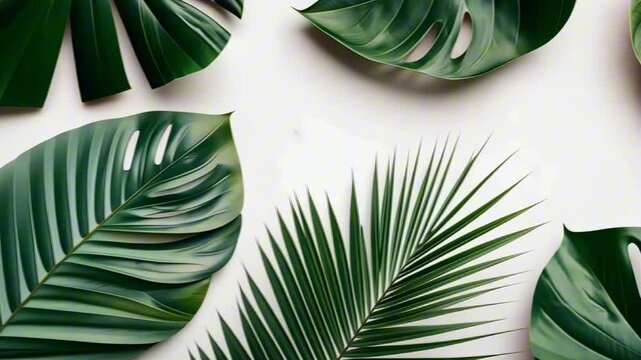 Lush green tropical leaves arranged artistically on a light background, showcasing various shapes and textures, creating a vibrant and fresh visual display with copy space