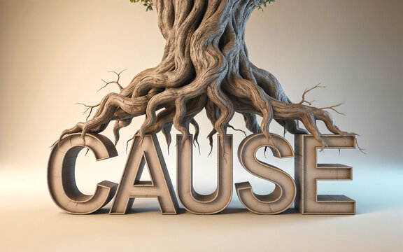 3D cause word with a tree root. Root cause analysis RCA, identify problem, business presentation. 