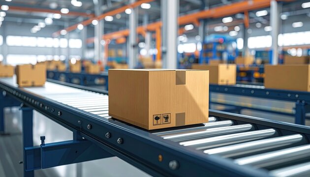 Cardboard boxes travel on a conveyor belt within a modern, industrial, and spacious facility