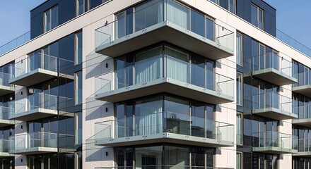 Sleek modern building exterior featuring contemporary glass balconies against a clear blue sky. Ideal for architectural design and urban living concepts.