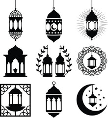 Obraz premium Islamic Lanterns Collection Festive Traditional Decorative Black Silhouette Graphic Vector Illustration Set for Ramadan Eid Mubarak Holiday Design