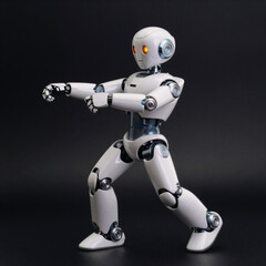 Bright white robot with glowing orange eyes dances playfully on a sleek black stage