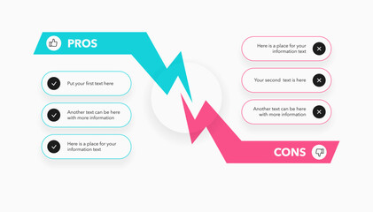 Simple pros and cons diagram on decision making process. Flat template for analyzing positive and negative comparison of something.