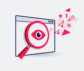 Spyware symbol with an application window and a spy magnifier monitoring activities and stealing sensitive personal information. Easy to use for your website or presentation.