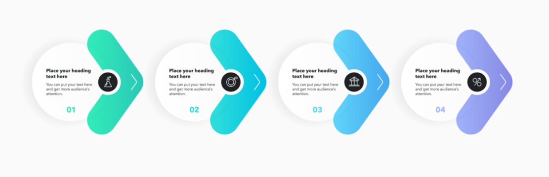 Arrow infographic process template with four colorful steps. Graphic diagram with numbers and icons for workflow layout, banner or web design.