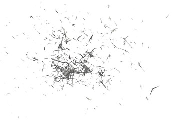 Black eraser scrap, shavings pattern isolated on white background, top view, clipping path