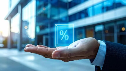 Futuristic Financial Technology: Businessman's Hand Holding a Glowing Digital Percentage Icon - Powered by Adobe