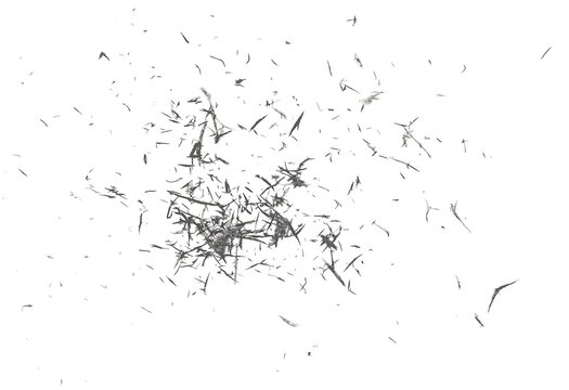 Black eraser scrap, shavings pattern isolated on white background, top view, clipping path