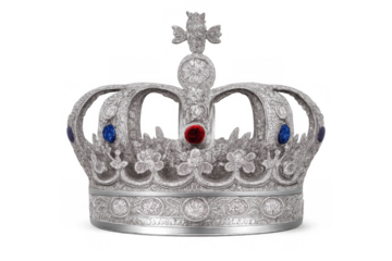 Silver royal crown with precious red and blue jewels symbolizing power, leadership, monarchy, and success on transparent background