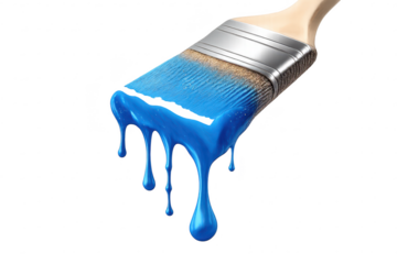 Blue paint dripping from brush on transparent background artwork.
