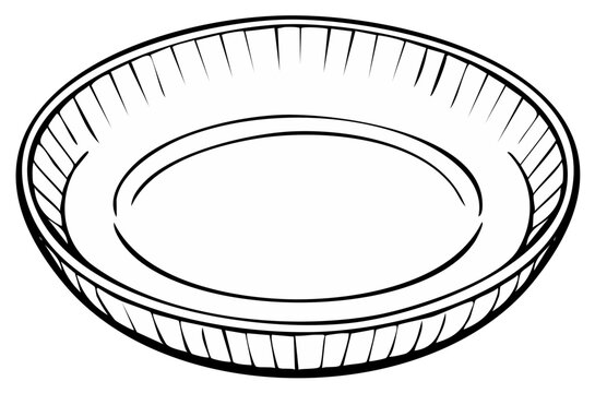 Empty round pie plate with crimped edge line drawing on white background