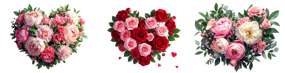 Obraz premium Mixed Floral Heart Bouquet for Valentine’s Day, Including Peonies and Carnations, Isolated on Transparent PNG