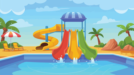 Lively outdoor water park with colorful slides cascading into a vibrant blue swimming pool