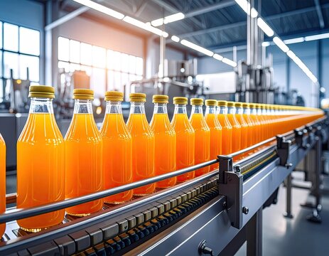 Close-up of automated factory line filling and sealing beverage bottles with yellow lids