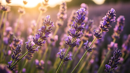 Fototapeta premium Serene lavender field at sunset with purple blooms