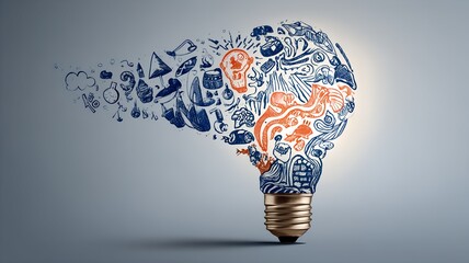 Creative Light Bulb Illustration Made of Abstract Icons Representing Ideas, Innovation, Knowledge, and Imagination.