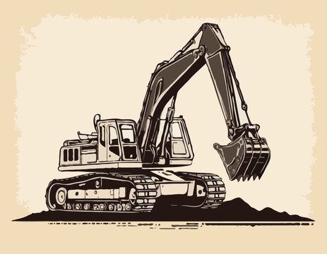 Stylized dragline excavator illustration in stencil art with grunge effects