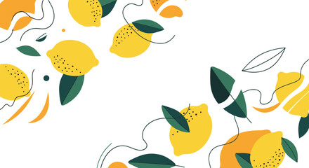Obraz premium Bright and cheerful lemon pattern featuring whole yellow fruits and green leaves in a whimsical and modern hand-drawn style.