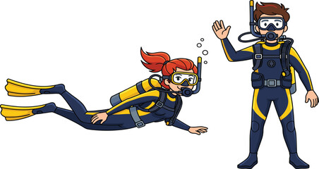 Vector illustration set of cartoon scuba divers featuring a woman swimming underwater and a man standing with full diving gear and equipment. © MdShakil