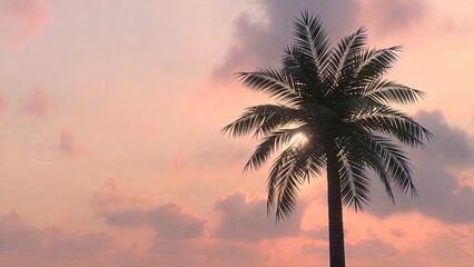 Serene tropical palm tree silhouetted against a vibrant pink and orange sunset sky with sun rays