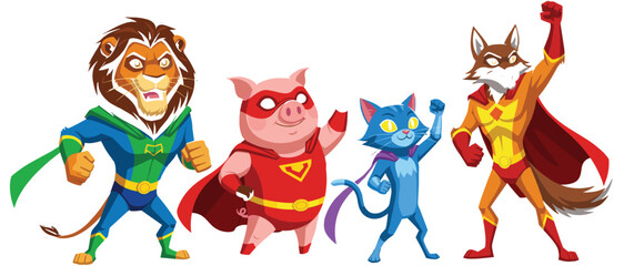 Vector illustration set of cute animal superhero characters including a lion pig cat and fox wearing capes and masks in heroic poses. © MdShakil